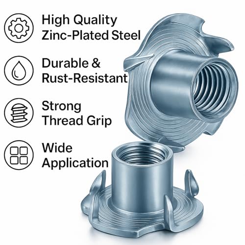 30PCS 1/4"-20 T-Nuts (5/16" Barrel) – Zinc-Plated Steel 4-Prong Tee Nuts for Wood, Cabinetry, Rock Climbing Holds – Indoor/Outdoor Rust-Resistant Threaded Inserts