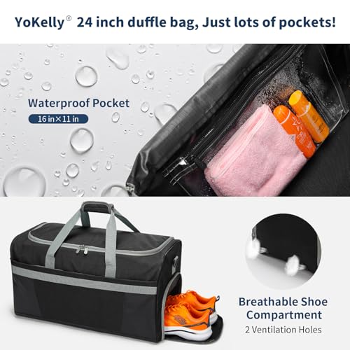 65L Gym Bag for Men, Wet Pocket, Shoe Compartment, 24 inch, Black | 8 Compartments / Pockets, Spacious, Large Sports Duffle Bag for Weekend Travel - color: Black