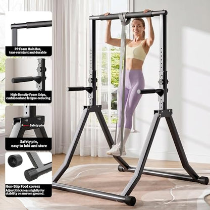 Foldable Pull Up Bar Station 58.3''-76.8'' Power Tower - color: 58.3"-76.8" with Dual Dip Handles & Assistance Bands