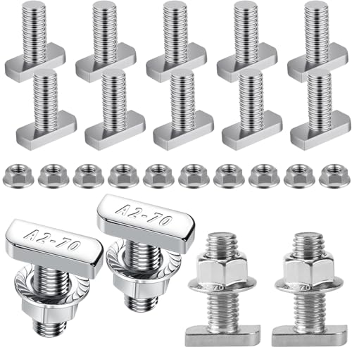 Yeasing T Bolt Set M8x20mm T Slot Drop-in Bolt Hammer Head Bolts T Shape Stud Sliding Screw with 10 Pcs Hexagon Flange Nuts for Aluminum Extrusion Profile Photovoltaic Solar Mounting, sliver