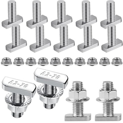 Yeasing T Bolt Set M8x20mm T Slot Drop-in Bolt Hammer Head Bolts T Shape Stud Sliding Screw with 10 Pcs Hexagon Flange Nuts for Aluminum Extrusion Profile Photovoltaic Solar Mounting, sliver