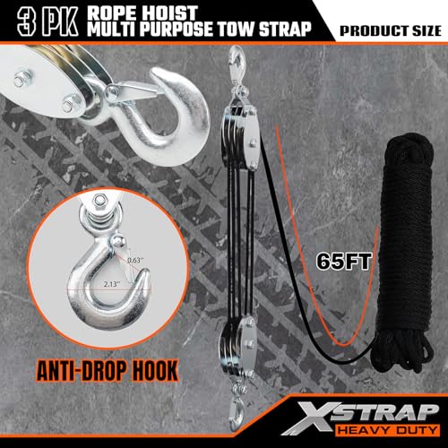 XSTRAP STANDARD 65FT Rope Hoist 4000Lbs Break w/2PK 8FT Lift Sling Black | 4000Lbs Break Strength, rust-proof block & tackle hoist, UV-resistant polyester sling, safety hooks, for garage & hunting - color: 65ft Black with Lift Sling