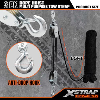 XSTRAP STANDARD 65FT Rope Hoist 4000Lbs Break w/2PK 8FT Lift Sling Black | 4000Lbs Break Strength, rust-proof block & tackle hoist, UV-resistant polyester sling, safety hooks, for garage & hunting - color: 65ft Black with Lift Sling