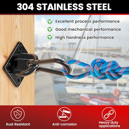 sprookber 304 Stainless Steel Pad Eye Snap Hooks, M6 Heavy Duty Ceiling Hooks, 800 lb Capacity Hammock Swing Hanging kit, Plant Hangers, Marine Hardware Staple Hook Loop with Screws, Set of 8(Black) - size: 2.3 inch, style: Black Square