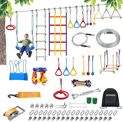 65FT Ninja Warrior Obstacle Course for Kids Backyard Outdoor | Stainless Steel Main Cable, Waterproof 13 Pcs Children Toy Training Accessories, Climbing Net, Swing, Ladder, CPSC Approval - size: 65FT 13Pcs Ratchet
