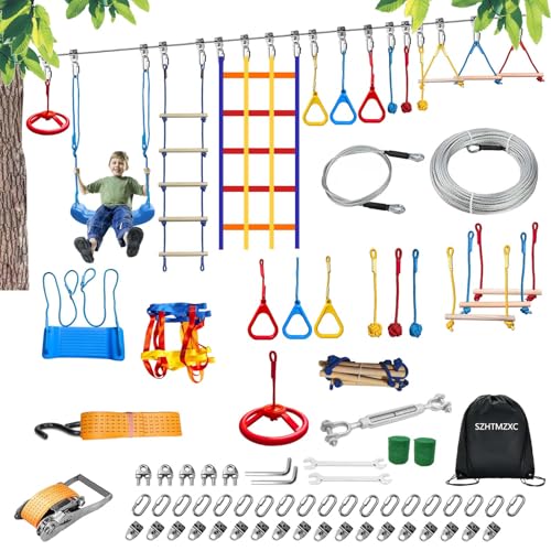65FT Ninja Warrior Obstacle Course for Kids Backyard Outdoor | Stainless Steel Main Cable, Waterproof 13 Pcs Children Toy Training Accessories, Climbing Net, Swing, Ladder, CPSC Approval - size: 65FT 13Pcs Ratchet