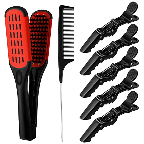 Honeydak Double Brush Boar Bristle Clamp Comb with Alligator Clips, Rat Tail Comb for Hair Styling (Red Black) - color: Red Black Comb