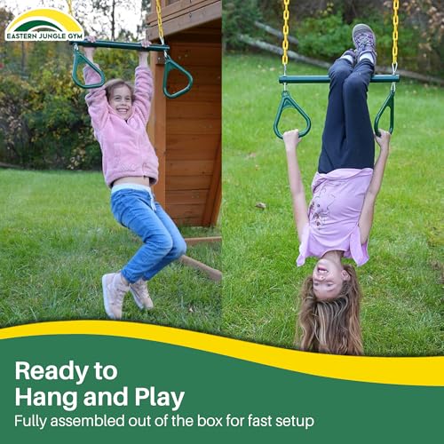 Eastern Jungle Gym Heavy-Duty Ring Trapeze Bar Combo | Large 20" Trapeze Swing Bar with Triangular Gymnastic Rings and Pinch-Free Coated Swing Chains 43" Long