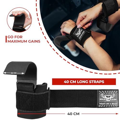 BEAST RAGE Workout Hooks for Men, Durable Coated Grip Gym Straps for Weightlifting Wrist Wraps Training Weight Lifting Strength Fitness Bodybuilding Anti Slip Women Hook Exercise - color: Black