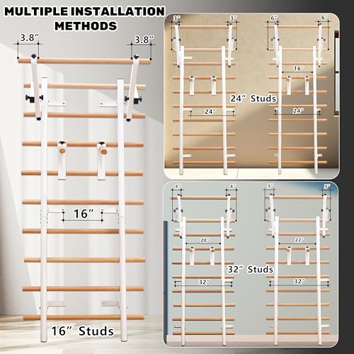 Stall Bars, Swedish Ladder for Adult and Kids, Wall Bar with Solid Beech Wood Rods, Durable Steel Frame, Adjustable Pull Up and Dip for Strength, Flexibility at Home Gym, Studio - color: White