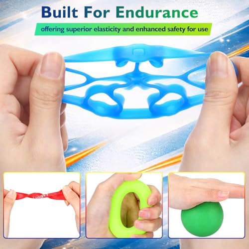 Hoteam 14 Pcs Hand Grip Strengthener Kit Finger Toe Stretcher Band Separator with Weight Indicator Finger Stretcher Relief Massage Balls Hand Grip Strengthener for Adults Pain Relief Climbing Gym