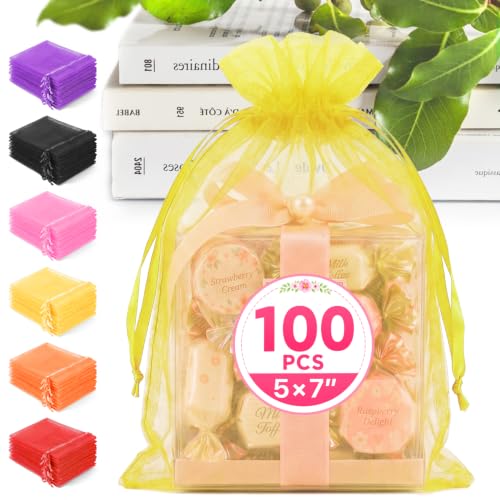 ANZNKU 100PCS Organza Bags 5x7 Yellow Small Gift Mesh Drawstring Goodie Bag | Party Favor Goody Gift Bag Pouch for Jewelry Candy Treat Soap Sachet, Use for Wedding Birthday Baby Shower Graduation - color: Yellow-5"x7"