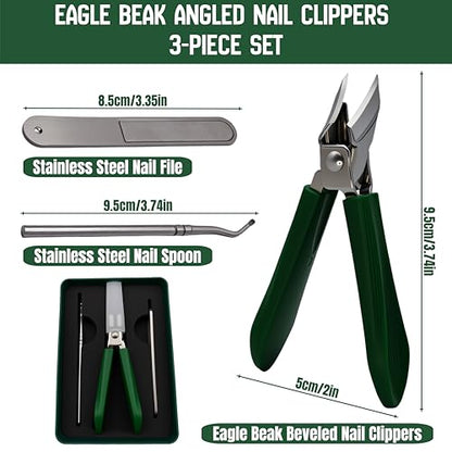 Eagle-Beak Slant Nail Clippers, 3-Piece Set with Wide Mouth to Prevent Splashing. These Angled Clippers Suit ingrown and Thick Nails, Ideal for Men, Women and The Elderly (Green)