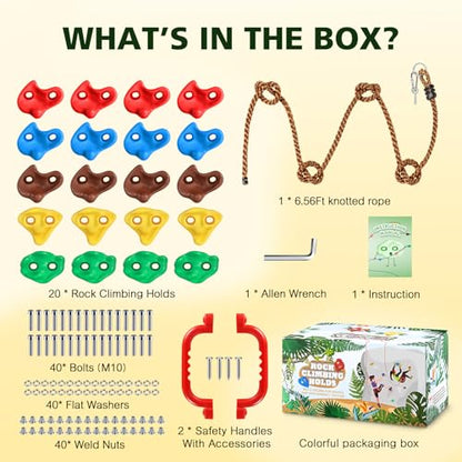 TOPNEW 20 PCS Rock Climbing Holds for Kids, Rock Wall Holds with 6.56 Ft Climbing Rope and 2 Handles, Rock Wall Climbing Kit for Indoor and Outdoor Playset - Includes Mounting Hardware - style: 20 PCS Rock Climbing Holds+6.56 Ft Climbing Rope+2 Handles