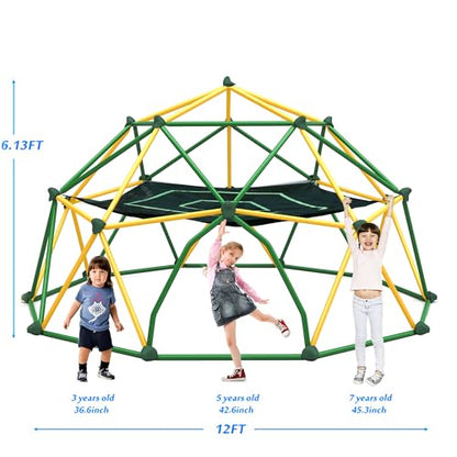 Merax 12FT Climbing Dome with Hammock, Outdoor Geometric Dome Climber | Playground Climber for Kids 3-10 Supporting 1000 lbs, Easy Assembly Play Center Jungle Gym - style: 12FT Yellow & Green