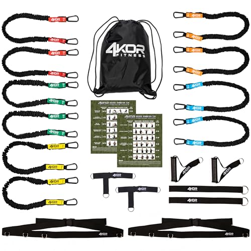 4KOR Deluxe Shoulder and Full Body Cross Anchored Resistance Cord System with Interchangeable Handles, Foot Straps, and Workout Guide. Exercise Bands with Nylon Sleeves, Anchors, and Carry Bag - color: Black Deluxe Edition, 5 Levels