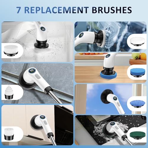Electric Spin Scrubber Upgraded Battery with Extra-Long Runtime, IPX7 Waterproof Power Cleaner with 7 Brush Heads, 2 Speeds Adjustable Long Handle for Bathroom, Floor, Shower, Tile & Kitchen Cleaning