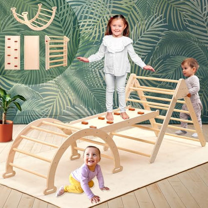 PairPear Foldable Pikler Triangle Climbing Set for Kids, 7 in 1 Montessori Large Wooden Climbing Toys Indoor Jungle Gym with Rocker Arch, Ramp & Slide for Toddlers 18 Months+