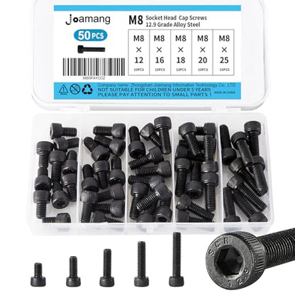 M8 x 12mm 16mm 18mm 20mm 25mm Hex Socket Head Cap Screws Bolts, 12.9 Grade Alloy Steel, Black Oxide Finish, Metric Allen Drive, Fully Threaded, Assortment Kit 50Pcs - size: Socket M8x12-25 mm