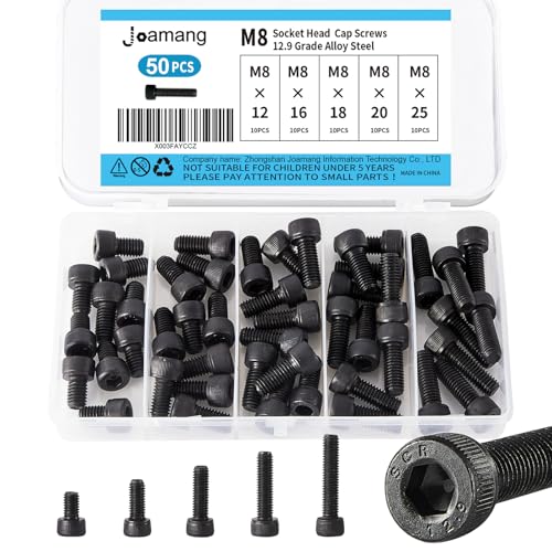 M8 x 12mm 16mm 18mm 20mm 25mm Hex Socket Head Cap Screws Bolts, 12.9 Grade Alloy Steel, Black Oxide Finish, Metric Allen Drive, Fully Threaded, Assortment Kit 50Pcs - size: Socket M8x12-25 mm