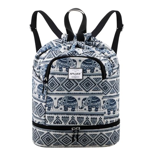 Dry Wet Drawstring Backpack with Shoe Compartment for Women Adjustable Gym Bag - color: Elephant