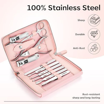 FAMILIFE Manicure Set Professional Manicure Kit Nail Kit - 11PCS Gifts for Her Nail Clippers for Women Stainless Steel Pedicure Sets Pink Leather Case - color: Pink
