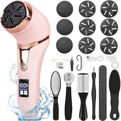 Electric Callus Remover for Feet (with Dander Vacuum Cleaner), Rechargeable Foot Callus Remover Pedicure Tools Foot File, Professional Foot Care Kit Deadskin Remover with 9Heads&2Speed,LCD Display - style: Pink Electric Callus Remover +10in1