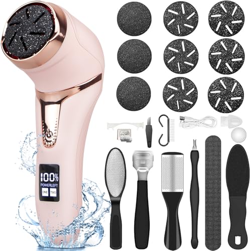Electric Callus Remover for Feet (with Dander Vacuum Cleaner), Rechargeable Foot Callus Remover Pedicure Tools Foot File, Professional Foot Care Kit Deadskin Remover with 9Heads&2Speed,LCD Display - style: Pink Electric Callus Remover +10in1