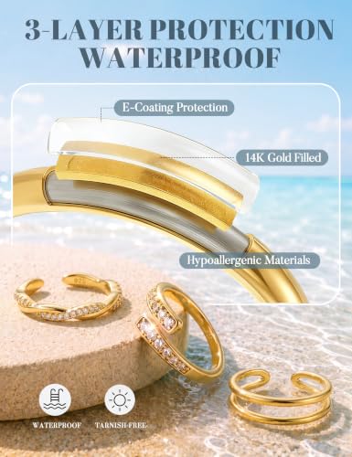 FIASASO 3Pcs Gold Filled Toe Rings for Women Non Tarnish 14K Gold Filled Toe Ring Adjustable Flower Cz Dainty Toe Ring Summer Beach Open Toe Rings Set Toe Jewelry Foot Jewelry - color: 14K Gold Filled twist