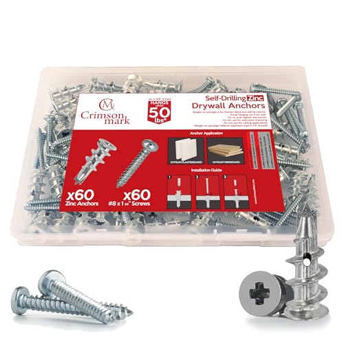 CrimsonMark 120Pcs Zinc Self Drilling Drywall Anchors and Screws kit #8 x 1-1/4”- Metal Wall Anchors for Drywall Heavy Duty, Holds Upto 50lbs – No Drill Hole Required with Dry Wall Screws and Anchors - size: Zinc Metal