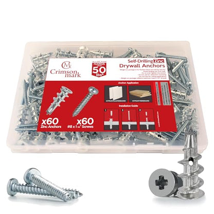 CrimsonMark 120Pcs Zinc Self Drilling Drywall Anchors and Screws kit #8 x 1-1/4”- Metal Wall Anchors for Drywall Heavy Duty, Holds Upto 50lbs – No Drill Hole Required with Dry Wall Screws and Anchors - size: Zinc Metal
