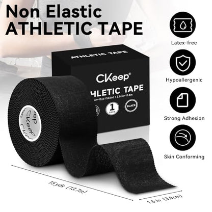 CKeep Athletic Tape, Original Cotton Waterproof Sports Tape 1 Roll, Black | Very Sturdy No Glue Residue Wrist Ankle Tape for Climbing, Boxing, Athletes, Baseball Bats, Strains, Sprains, Injuries - size: 1 Roll