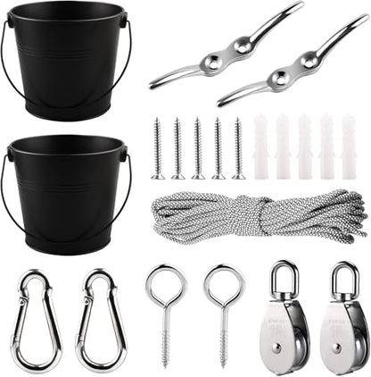 FUQUN Treehouse Accessories - Pulley with Bucket Cable, Kids Playhouse Accessories, Pirate Ship Accessories Outdoor, Playhouse Game, Bucket for Treehouse (2 Sets, Black) - size: Black 2 sets