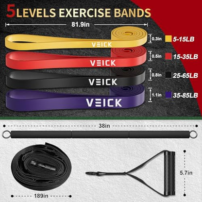VEICK Pull Up Assist Resistance Bands for Home Gym | 100% Natural Latex, Non Slip Leather Texture, Space Saving, Versatile for Full Body Training, Home Gym - color: Colorful Set of 4 + Pilates Bar