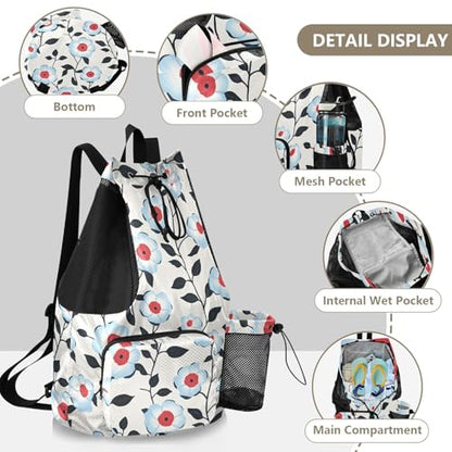 Drawstring Gym Bags For Men Women Climbing Gym Bag With Inside Pockets Cinch Back Sack Waterproof Light Blue Flora Pattern Minimalist Style Gray