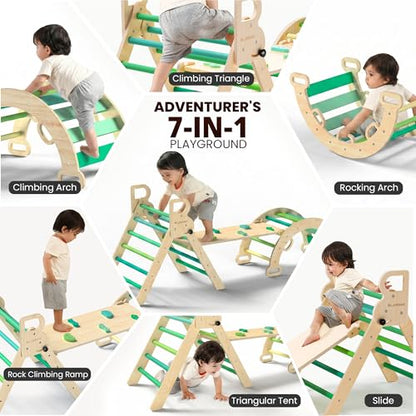 BlueWood Pikler Triangle Set, Toddler Climbing Toys Indoor 7in1 Foldable | Wooden Climber for Kids, Montessori Philosophy Play Jungle Gym with Arch, Ramp, Ladder (Green Summer) - color: Green Summer