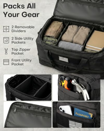 HOTOR Tactical Travel Duffel Bags for Men & Women with MOLLE Toiletry Pouch | 45L, Overnight, Weekender, Gym, Camping, Shoe Compartment, Carry-On Friendly, Versatile, Black, 22.0" x 12.6" x 9.0"