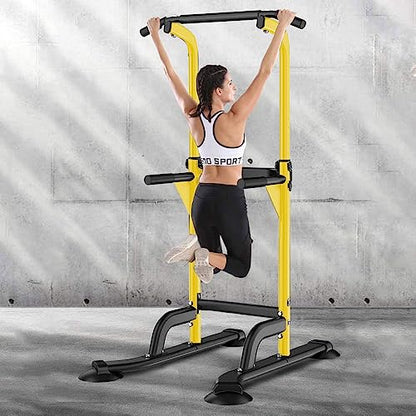SogesHome Multi-Function Power Tower Pull Up Bar Dip Station for Home Gym | Height Adjustable PullUp Dip Stand, Full Body Strength Training Equipment, Fitness Workout for Push Ups Dips, 330LB Capacity - color: Yellow