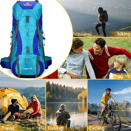 Hiking Backpack for Men and Women 70L+5L Waterproof Lightweight Camping Daypack with Rain Cover for Outdoor Travel Mountaineering - Frameless (Blue) - color: Blue