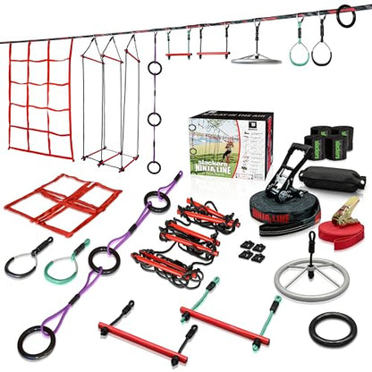 Slackers Deluxe Ninjaline Kit 56 ft with 9 Hanging Obstacles - Best Outdoor Ninja Warrior Training Equipment for Kids - Build Your Very Own Backyard Ninja Obstacle Course - Rated Ages 5+