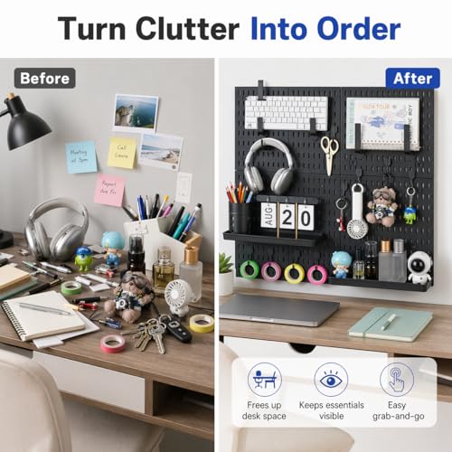 Pegboard Wall Organizer Kit – Heavy Duty 20lbs Load Bearing, Easy Installation, 4 Peg Board Panels 14 Accessories – Multi-Surface Use For Garage, Office, Kitchen & Crafts (Black Pegboard,24″×24″) | 24 x 24 Inch Modular Peg Board Panels with 14 Accessories