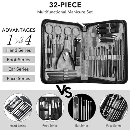 Manicure Set 32pcs Professional Nail Clippers Kit Pedicure Care Tools-Stainless Steel Grooming Tools for Travel, Black