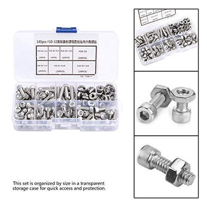 Garosa 140pcs Stainless Steel Hex Socket Head Bolts #10-32 Hex Screw Assortment Kit 6 Different Sizes with Storage Case