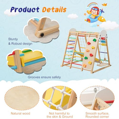 Large Wooden Indoor Jungle Gym 9-in-1 Playground Climbing Toys for Kids Ages 2-6, Waldorf Style Wooden Climber Playset with Slide, Monkey Bars, Ladder, Rope Ladder, Rock Climbing, Swing (9-in-1) - size: 9-in-1
