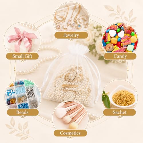 ANZNKU 50PCS Organza Bags 5 x 7, White Small Gift Mesh Bags Drawstring Bulk | Sheer Goodie Pouches for Wedding Candy Party Favors Baby Bridal Shower&Halloween, Jewelry Treats Sachet Soap Makeup Gift Wrap - color: White