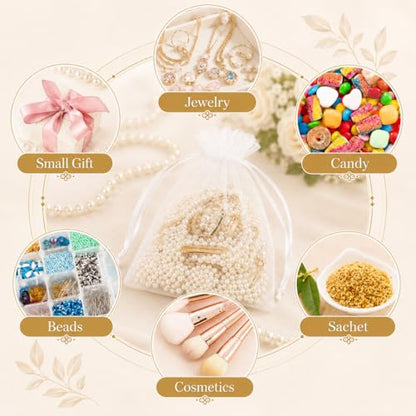 ANZNKU 50PCS Organza Bags 5 x 7, White Small Gift Mesh Bags Drawstring Bulk | Sheer Goodie Pouches for Wedding Candy Party Favors Baby Bridal Shower&Halloween, Jewelry Treats Sachet Soap Makeup Gift Wrap - color: White
