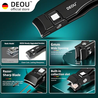 DEOU Nail Clippers Set, Stainless Steel Manicure Kit for Thick Hard Ingrown Nails, Anti-Splash with Nail File, Portable Keyhole Design, Gift Box for Home Travel (Black, Diagonal Cut + Straight Cut) - color: Black, Diagonal Cut + Straight Cut