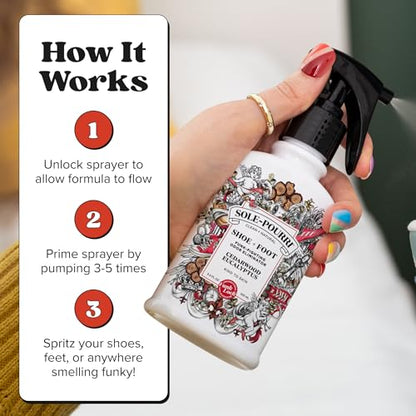 Sole-Pourri Shoe Deodorizer + Foot Spray, 3.4 Fl Oz, Up to 150 Uses, Funk-Fighting Odor Freshener with Essential Oils, for Smelly Shoes, Feet & Gym Bags, Cedarwood & Eucalyptus Scent - size: 1 Ounce (Pack of 1), style: Cedarwood Eucalyptus