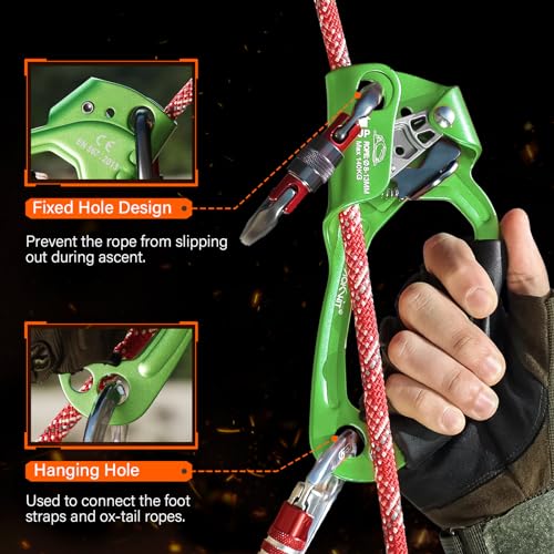 UIAA & CE Certified Rope Ascender Aluminum Alloy Rock Climbing Gear Strong Rigging Rappelling Equipment for Rock Tree Climbing Arborist Rescue Mountaineering Caving - color: Right Hand Green 1