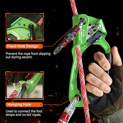 UIAA & CE Certified Rope Ascender Aluminum Alloy Rock Climbing Gear Strong Rigging Rappelling Equipment for Rock Tree Climbing Arborist Rescue Mountaineering Caving - color: Right Hand Green 1